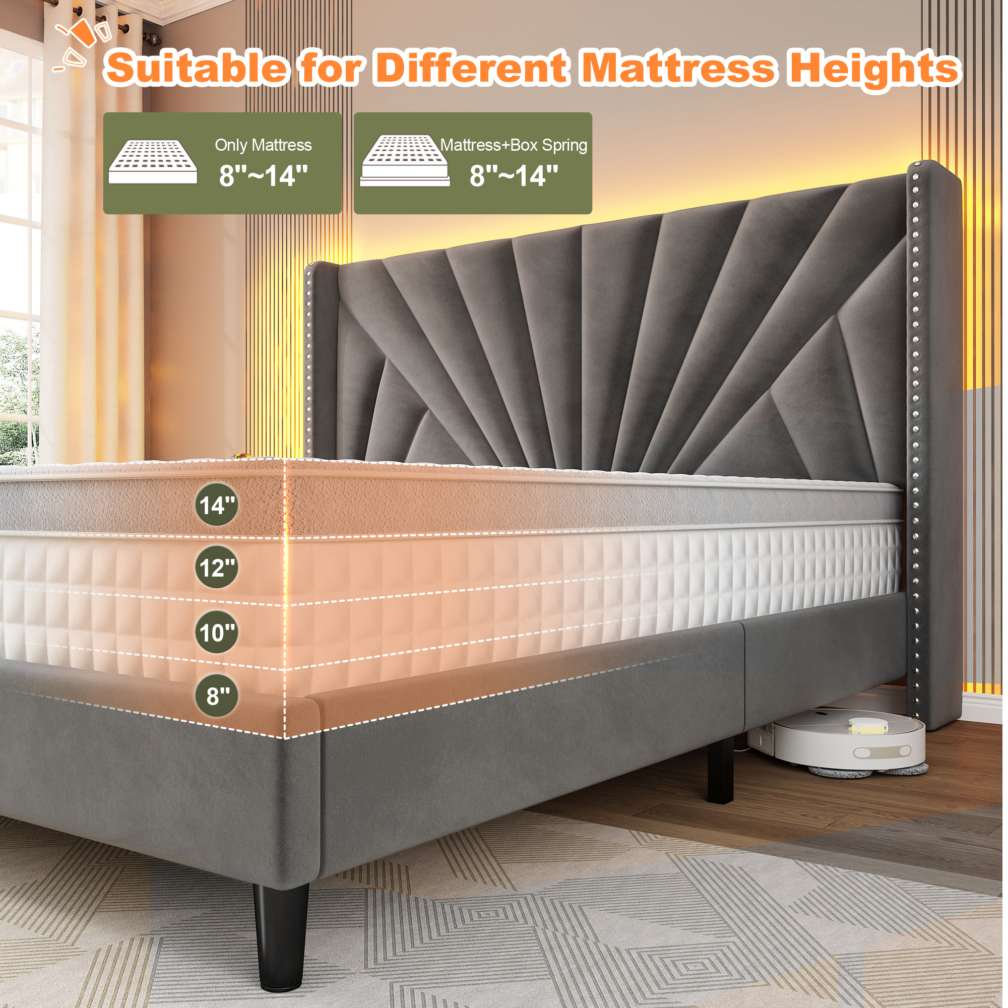 Romorgniz Queen Size Bed Frame with 51'' Tall Headboard Velvet Upholstered Bed Frame with Charging Station & LED Lights Platform Bed Frame No Box Spring Needed, Noise-Free,Grey