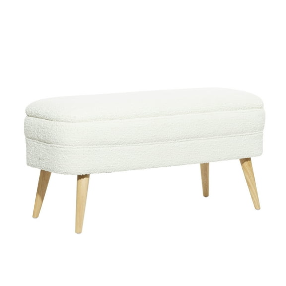 DecMode Polyester Rounded Upholstered Boucle Storage Bench with Wood Legs, White