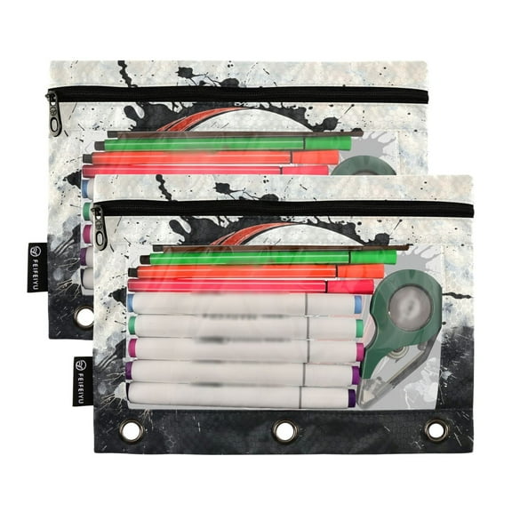 2 Pack Pencil Pouch for 3 Ring Binder Smooth Zipper Folders with Pockets Clear Window Pencil Case Ink Basketball