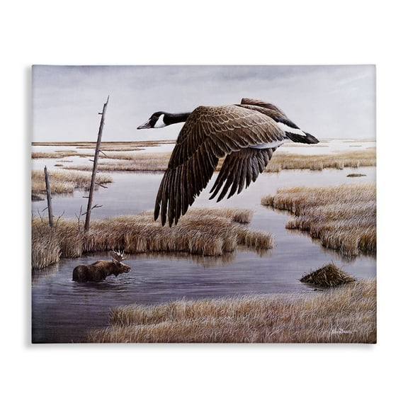 Stupell Industries Goose Over Creek Animals Painting Wrapped Canvas Art Print Wall Art, 20 x 16