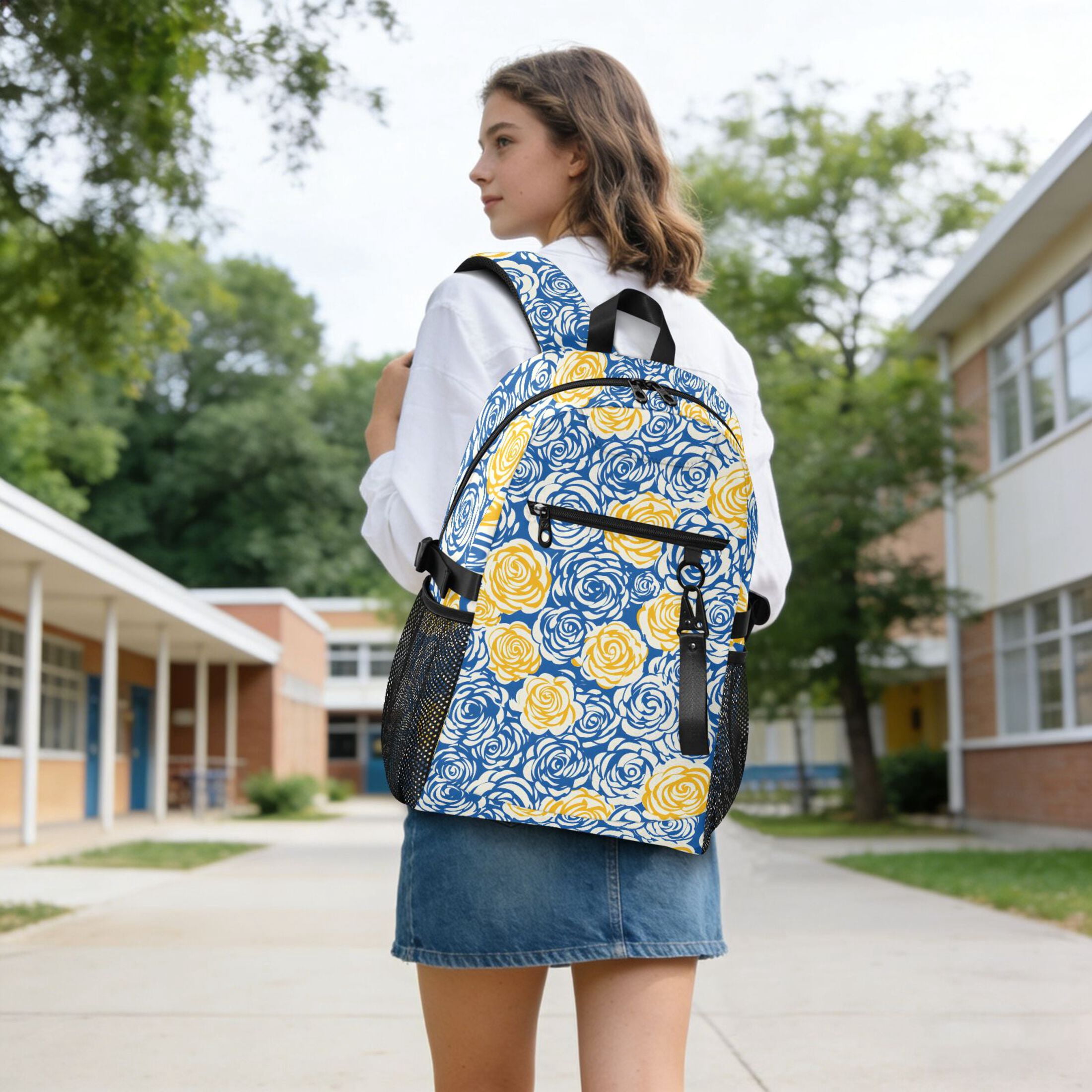 JIALIOU 14" Laptop Backpack Waterproof Airline Approved Stylish Casual Daypack for Travel Business College Work, Blue Yellow Rose
