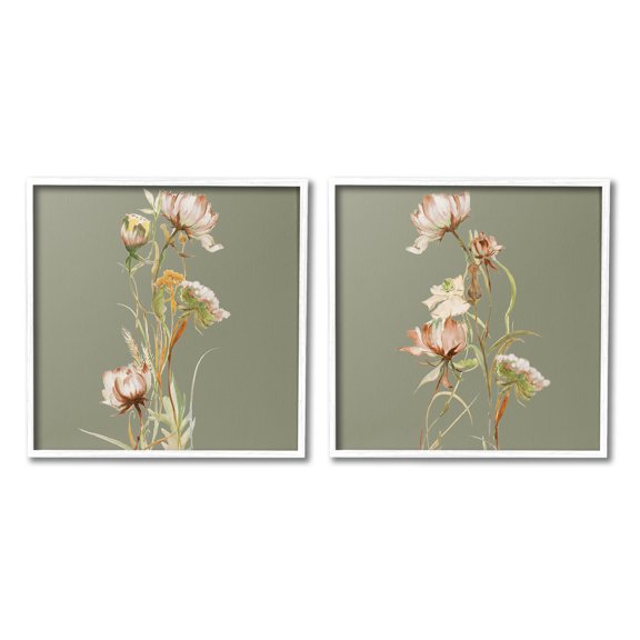 Stupell Industries Classic Blooms on Green Botanical & Floral Painting White Framed Art Print Wall Art, 12 x 12, Set of 2