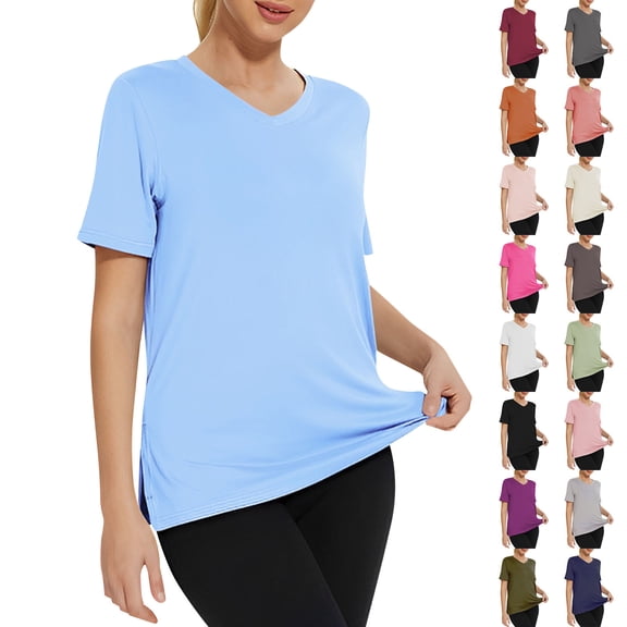 Horkkom Workout Tops for Women V Neck Solid Color Short Sleeve Tops Summer Gym Athletic Tops L