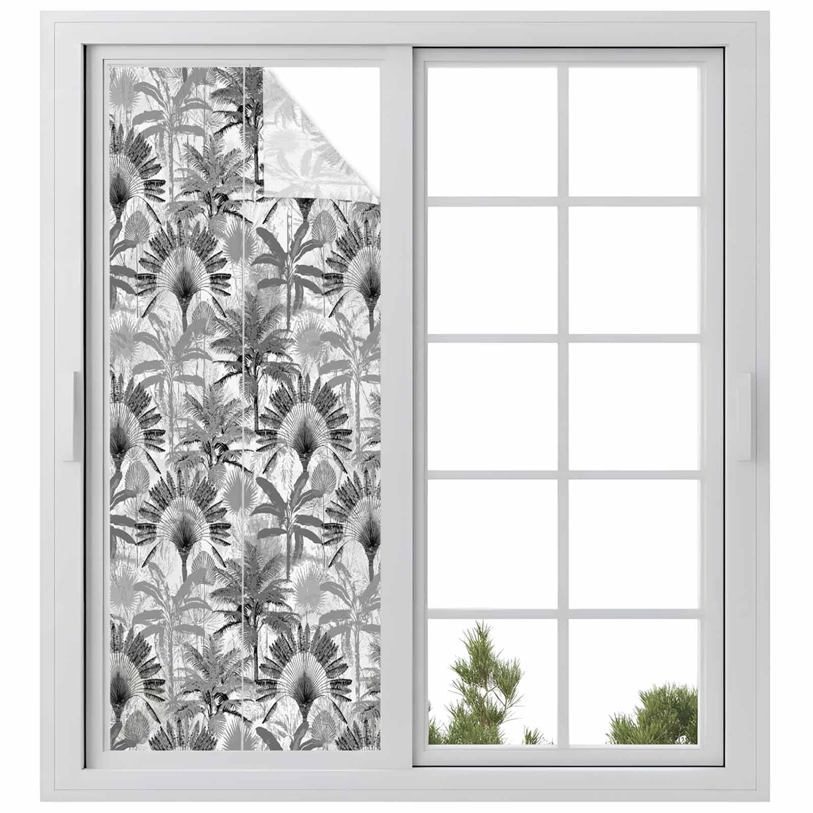 Grey Tropical Leaves Window Privacy Film, Summer Palm Trees Botanical Static Cling UV Sun Blocking Tint Film Heat Control Windows Films for Bedroom Bathroom, Window Stickers 23.6"x59"