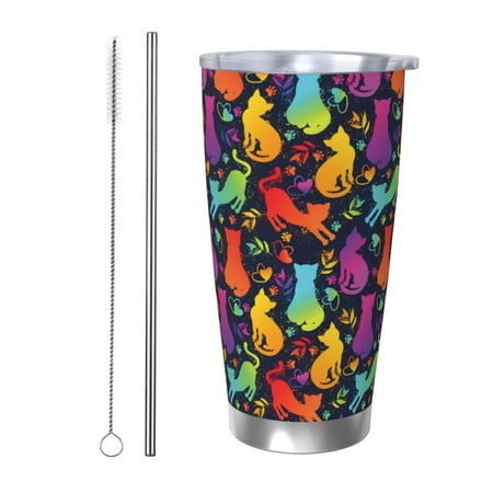 

Ocsxa Colorful Cats Pattern 20oz Travel Coffee Mug with Flip Lid Stainless Steel Insulated Insulated Coffee Mug Thermal Cup with Splash Proof Sliding Lid-Straw Two-piece Set