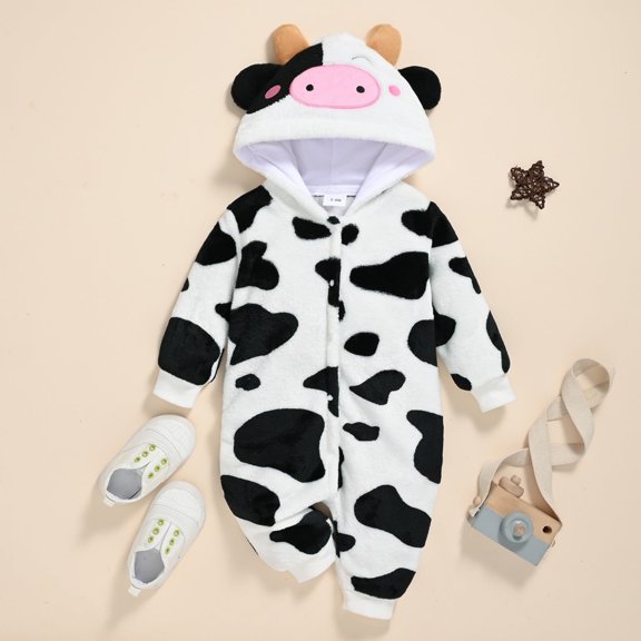 FAIOROI Girls Cow Onesies for 2-8 Years - White Cow Print Hooded Jumpsuit with Ear/Snout, 100% Polyester Warm Zip-Up Onesie (Size 100-140),Size 12 Months
