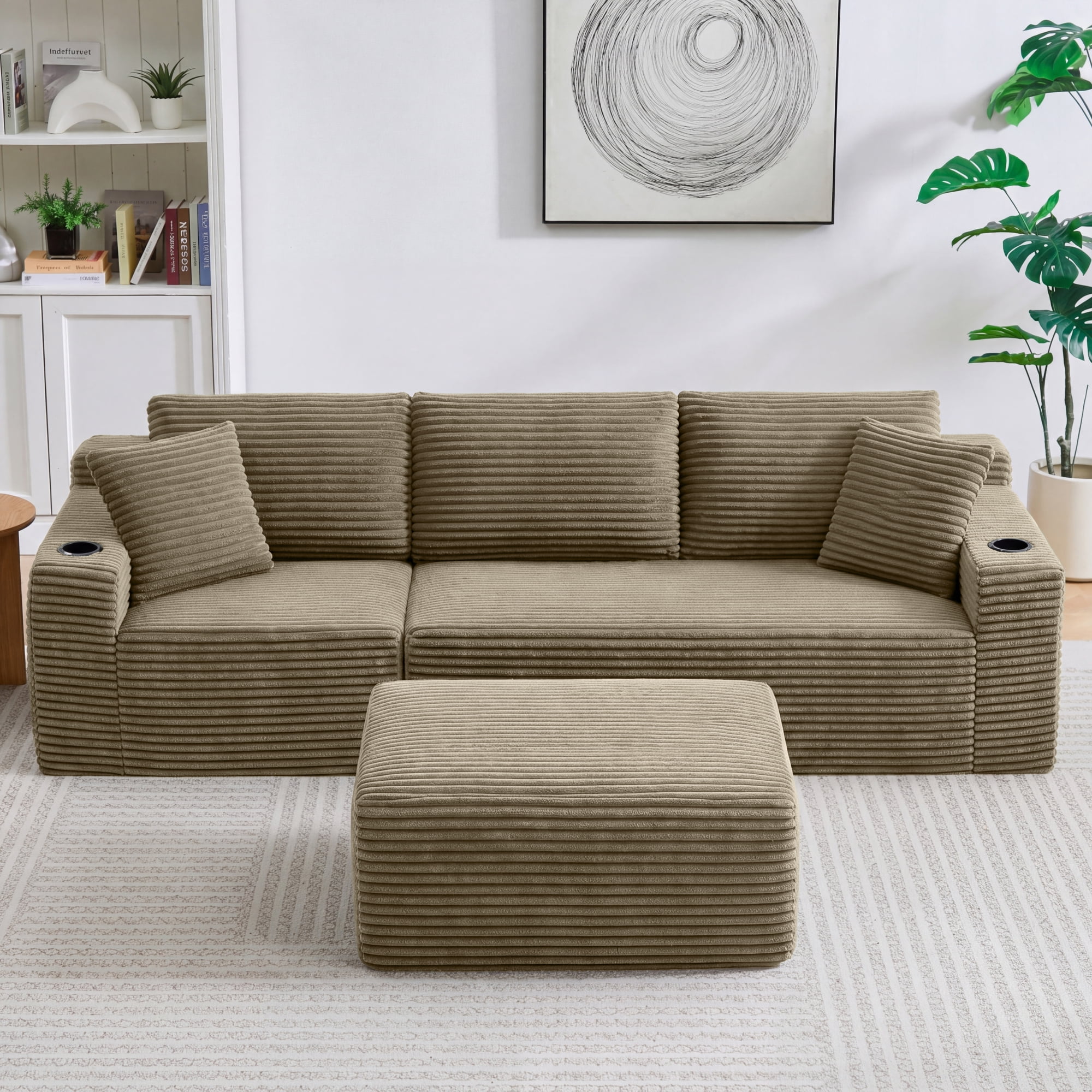 HOQBN L-Shaped Sectional Sofa with Ottoman, Corduroy 3-Seat Couch, Modern Modular Sofa for Living Room Camel