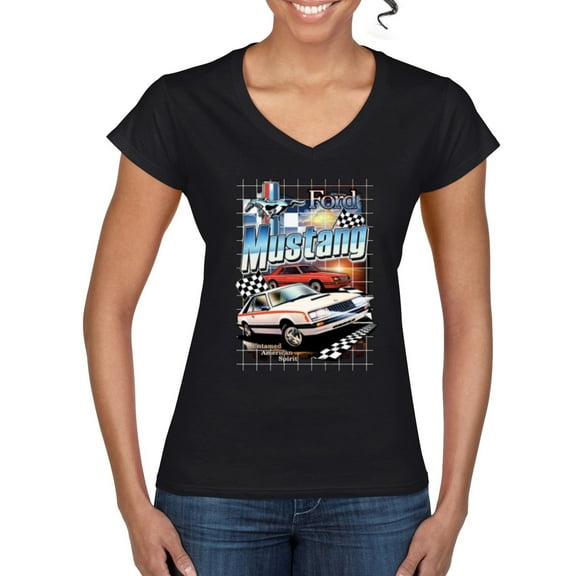 Wild Bobby Mustang Untamed American Spirit Ford Cars and Trucks Women Standard V-Neck Tee, Black, Small