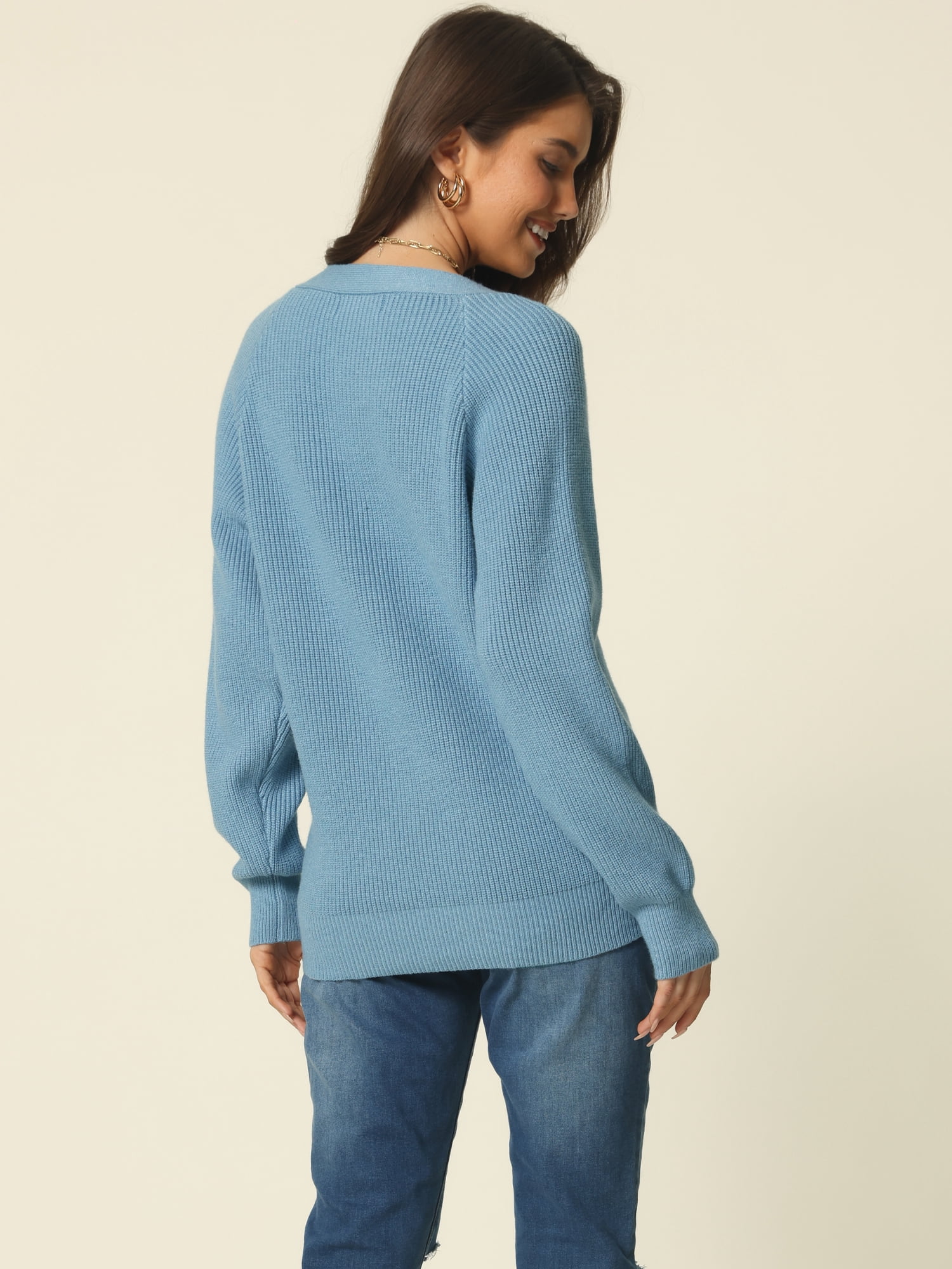 Women's V Neck Button Up Long Sleeve Ribbed Knit Loose Chunky Warm Pullover Sweater Top M Blue