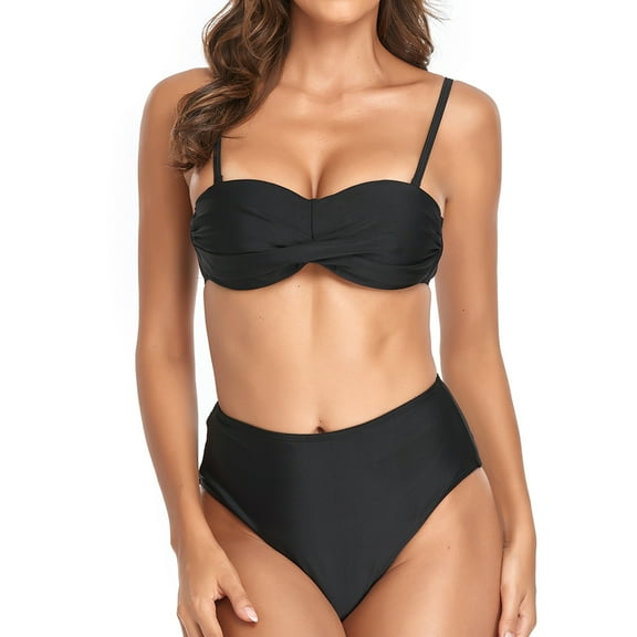SWSMCLT Women's High Waisted Bikini Set Wrap Strappy Bathing Suit Push Up Padded Swimwear Slimming 2 Piece Swimsuit Twist Front Spaghetti Strap Black 8-10