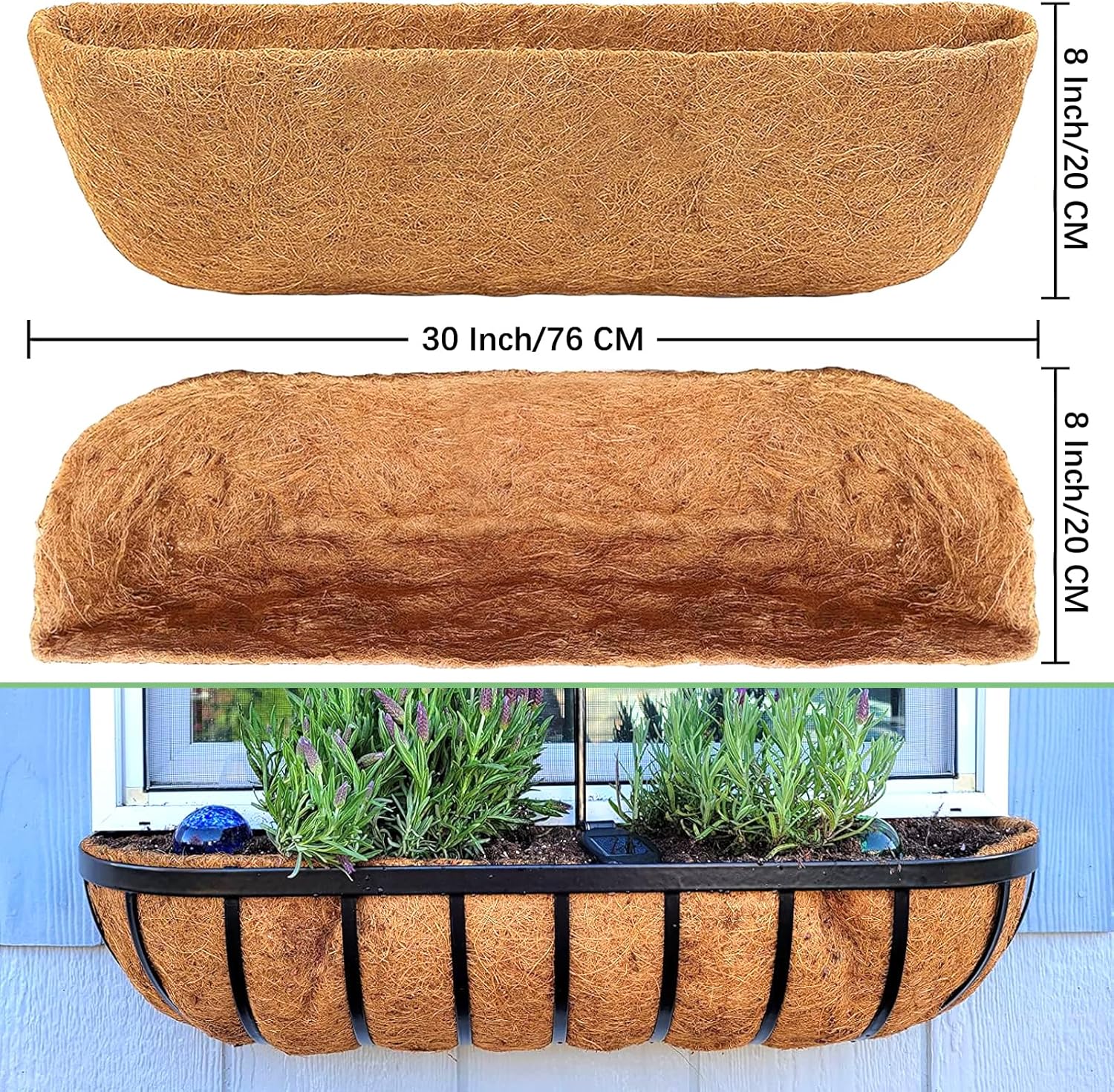 Coco Liners for Planters - 2 Pack 30 Inch Trough Coconut Liners for Planters, Window Box Coco Liners, 100% Natural Coconut Fiber Liners for Wall Hanging Basket, Window Box, Fence Baskets