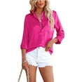 thumbnail image 3 of Qiylii Women Button Down Satin Shirts, Long Sleeve Lapel Solid Color Relaxed Fit Office Work Blouse, 3 of 4