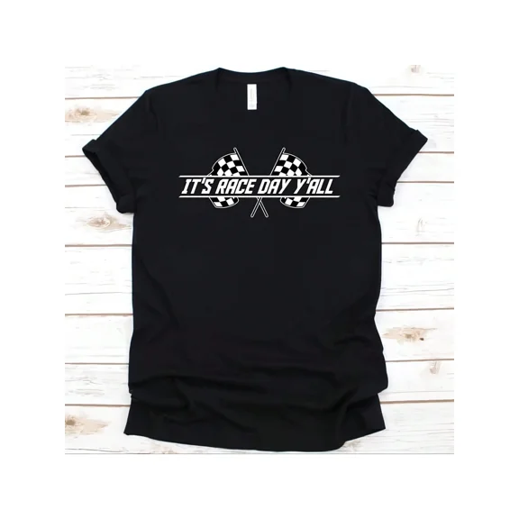 It's Race Day Y'all Graphic T-Shirt, Checkered Flag Racing Tee for Men and Women, Short Sleeve Cotton Top