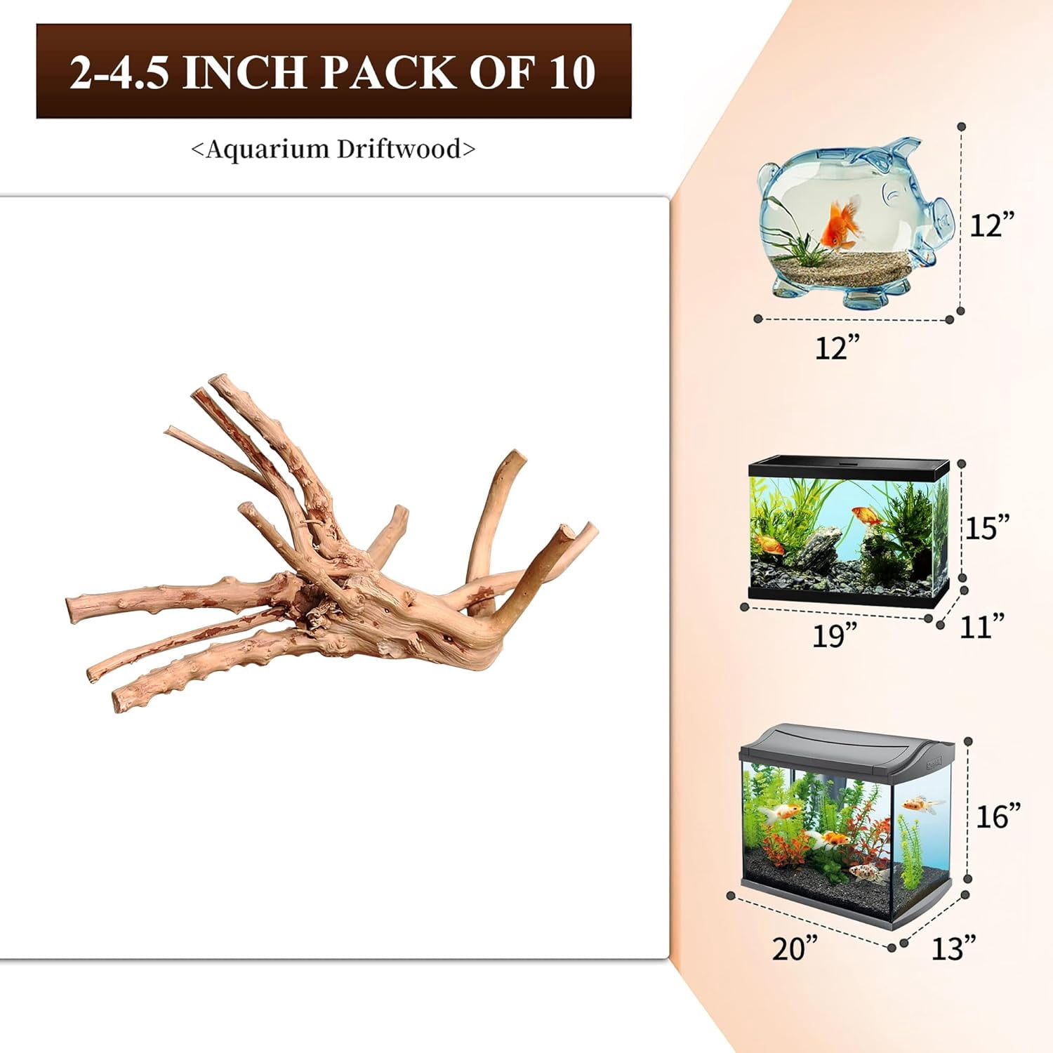 Natural Small Driftwood for Aquarium Decor Fish Tank Decorations, Assorted Spider Wood Branch 2-4.5" 10 Pcs, Reptile Decor