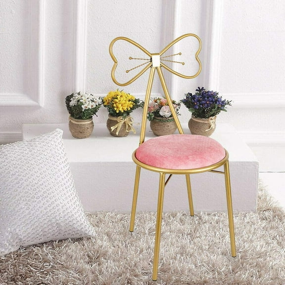 LOYALHEARTDY Deep Pink Butterfly Bow Tie Vanity Chair Modern Vanity Stool Velvet Cushion Makeup Chair Gold Metal Frame Butterfly Backrest Chair