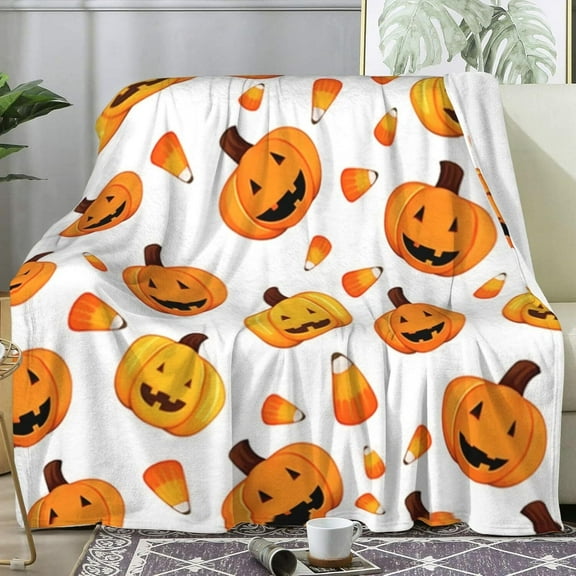Cute Halloween Blanket, Soft Candy Corn Pumpkin Pattern Throw Blanket, Flannel Plush Bedding Blanket, Perfect for Adult Travel Gifts, 80"" x 60""