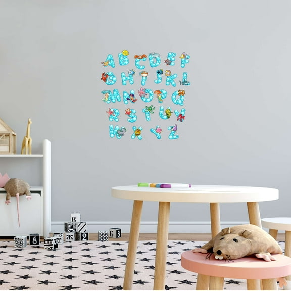 Ocean Animals Bubble Letters Personalized Name Beach Starfish Octopus Fish Ocean Shark Sea Great White Whale Bass Boat Dolphins Whale Holiday Decorating Wall Decal Sticker - Size: 30 In X 30 In