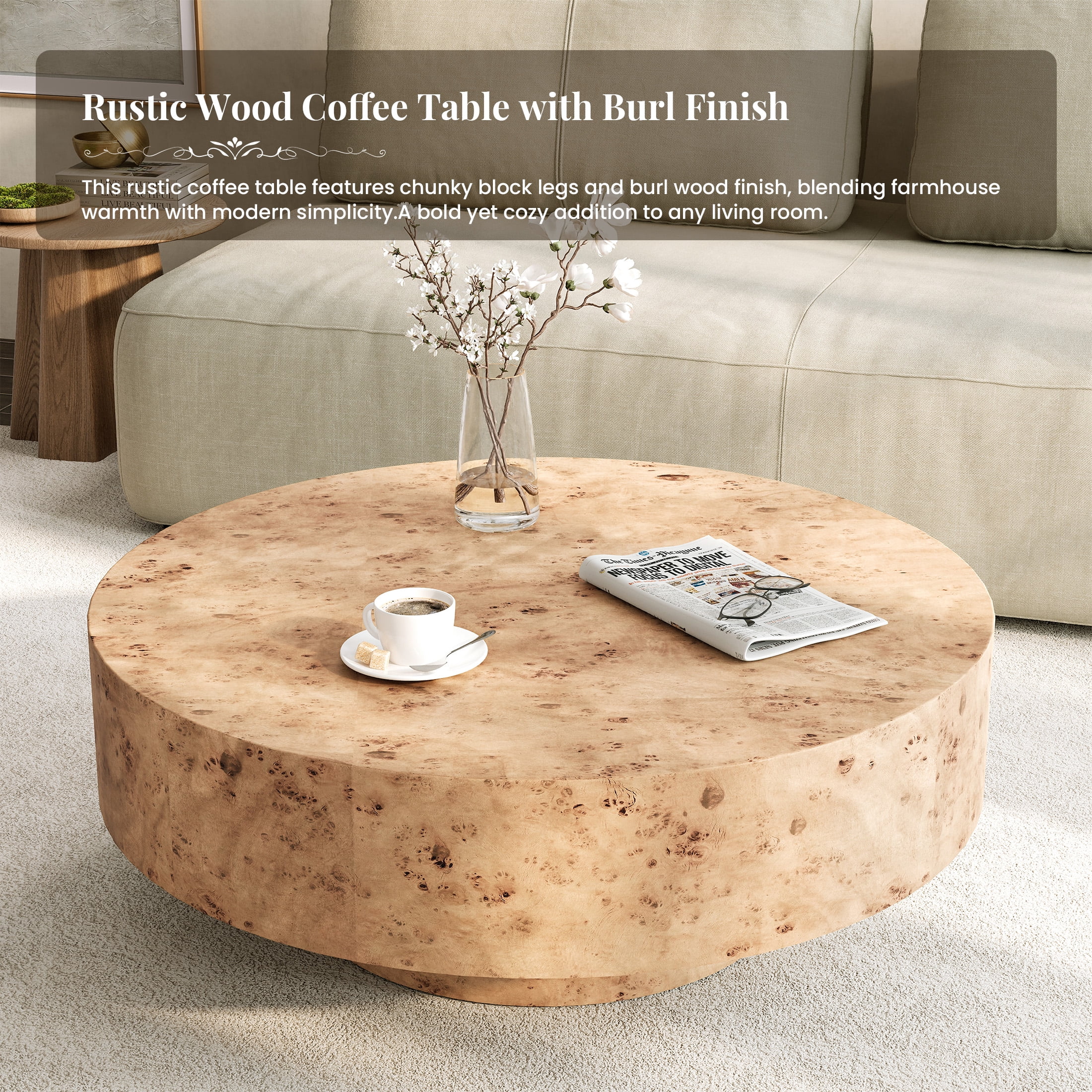 Gelloan 35" Round Coffee Table, Modern Drum Burl Coffee Tables for Living Room 35" Mid Century Wooden Pedestal Circle Accent Small Center Apartment Easy Assembly,Burl