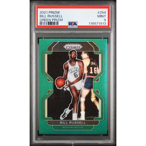 Bill Russell 2021 Panini Prizm Green Prizm Basketball Card #254 Graded PSA 9