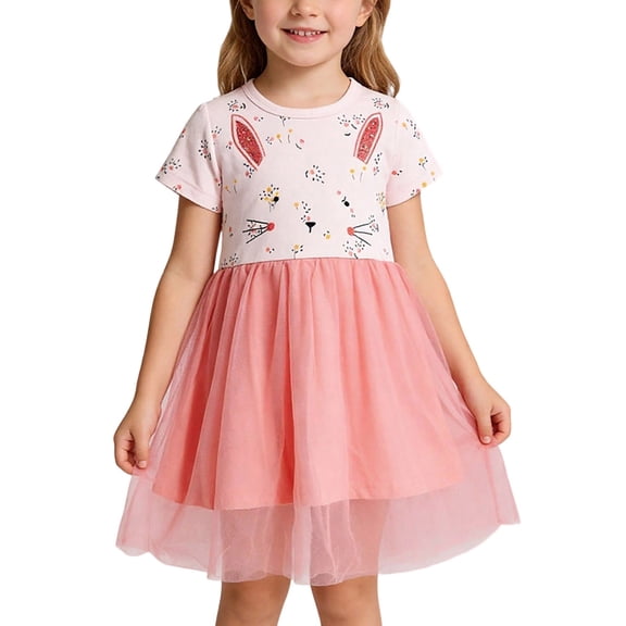 Girls Tutu Dress Bunny Short Sleeve Kids Birthday Party Dress Pink Tulle Princess Easter Dress for Kids Girls,Size 6 T