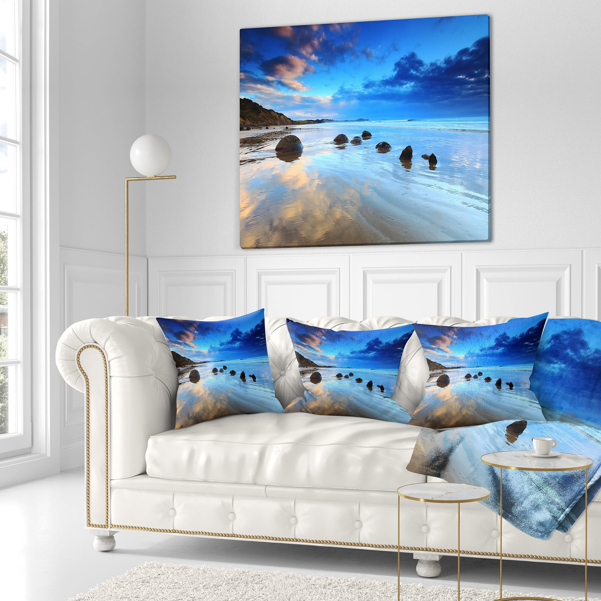 Designart Moeraki Boulders Under Cloudy Sky - Seashore Photo Throw Pillow - 16x16