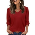 thumbnail image 2 of Xyxonk 3/4 Length Sleeve Womens Tops 2025 Dressy Casual V Neck Shirts Sexy Solid Color Blouse Fall Fashion Clothing Red S, 2 of 5