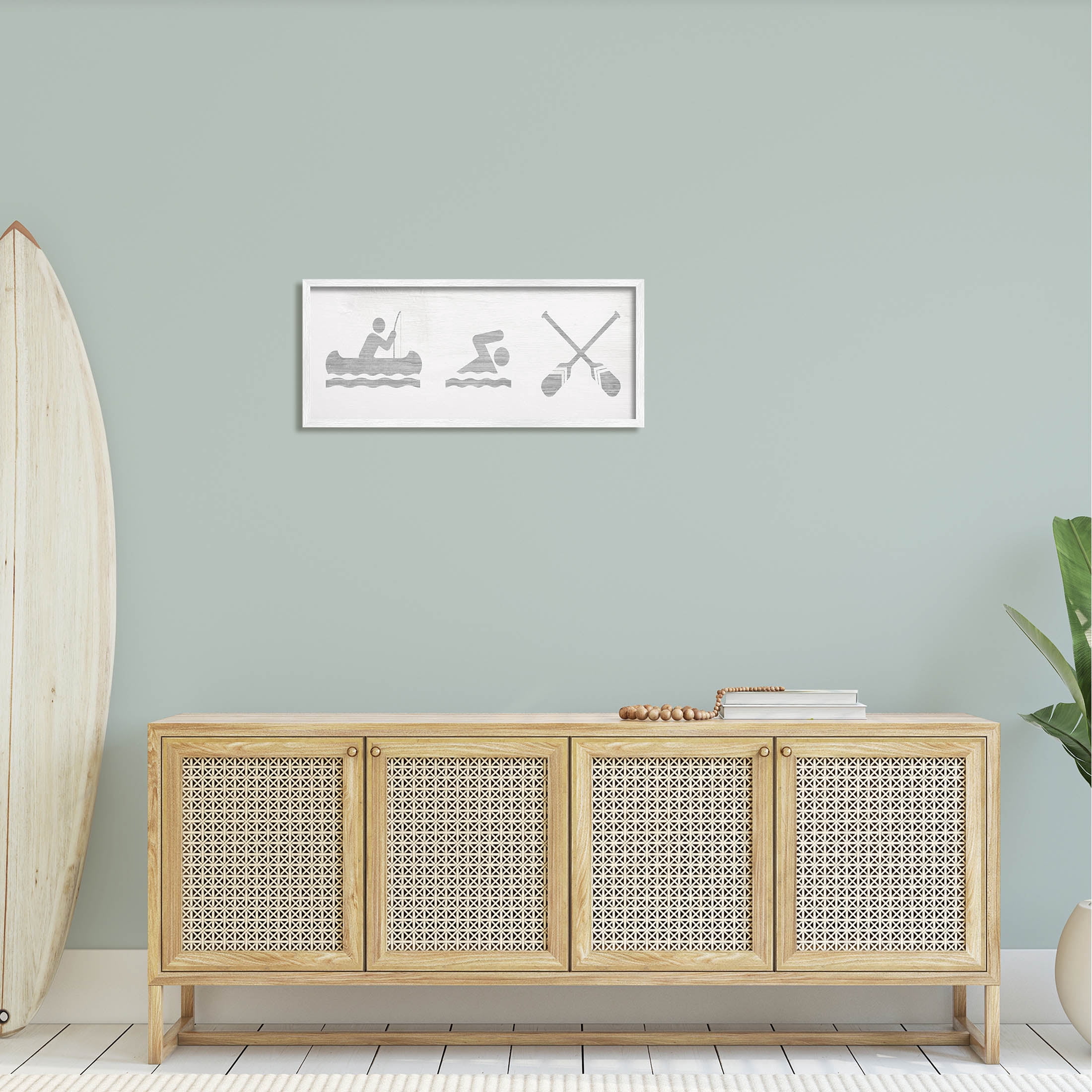 Canoe Swimming Lake Sign Typography Graphic Art White Framed Art Print Wall Art