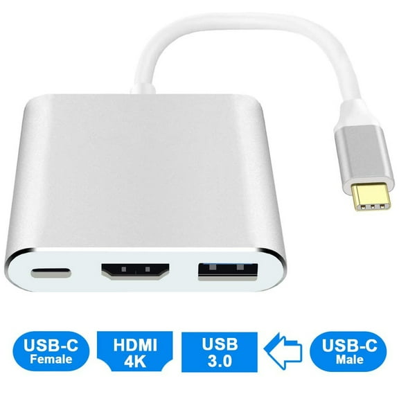 USB C to HDMI Adapter, USB Type C Adapter Multiport AV Converter with 4K HDMI Output, USB 3.0 Port USB-C Charging Port Compatible Chromebook/MacBook/iMac/Samsung/Projector/Monitor (Silver)
