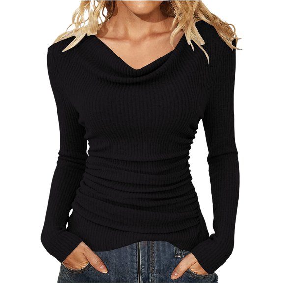 WTXUE Cowl Neck Ribbed Knit Pullover Sweaters for Women Slim Fit Ribbed Basic Casual Tee Tops Long Sleeve Shirts Trendy Blouses Going Out Crop Tops Basic T-Shirts Soft Comfortable Tee Shirts Black L