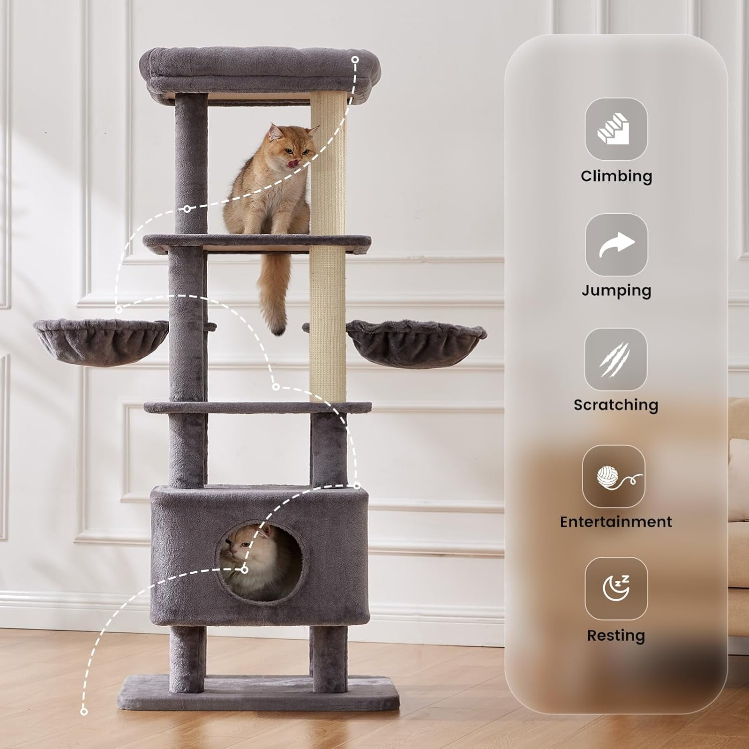 Nomipaw Cat Tree 65”, 6-level & Heavy Duty Cat Tower with Φ3.23in Posts, 2x Natural Sisal Scratching Posts(Replaceable), 2x Hammock, Condo and Washable Top Perches, For Indoor Cats, Gray