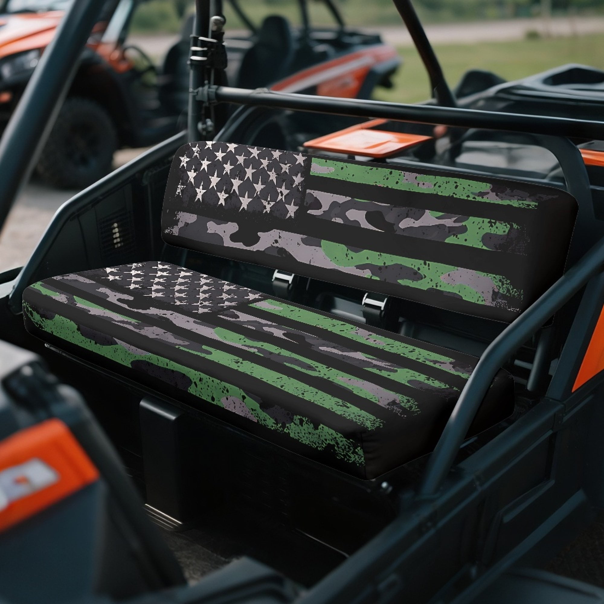 ZIATUBLES 2-Pack Waterproof UTV Seat Covers, American Flag Camo Replacement Bench Seat Protectors Compatible with Kawasaki Mule 3000 3010, Wear-Resistant Polyester UTV Seat Decor Covers