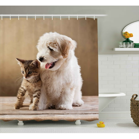Animal Shower Curtain, Cute Baby Cat Kitten and Puppy Dog Best Friends Image Photo Artwork, Fabric Bathroom Set with Hooks, 69W X 70L Inches, Sand Brown Cream and White, by