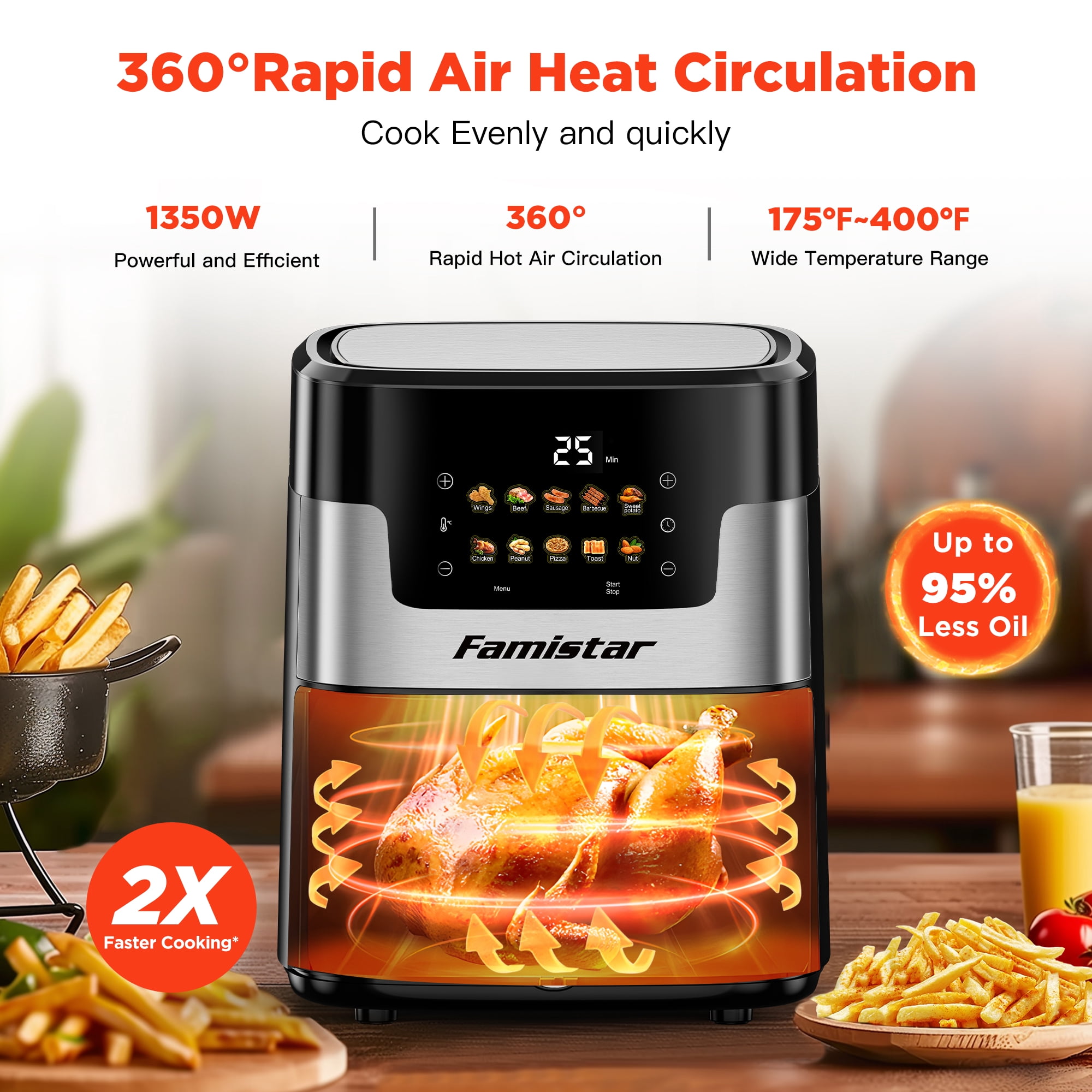Air Fryer, 7.5QT Air Fryer Oven Oilless Cooker, 10-in-1 Hot Air Fryers with Digital LED Touch Screen, 10 Preset Cookings, Dishwasher-Safe Basket, Including Air Fryer Paper Liners 100PCS