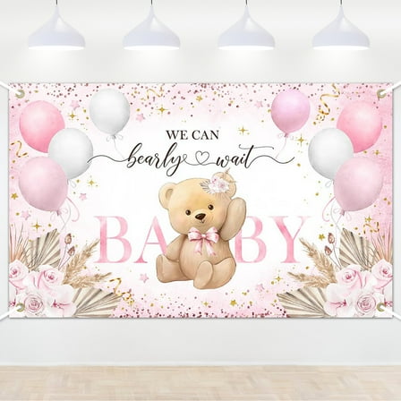 Mocsicka Pink Bear Baby Shower Backdrop We Can Bearly Wait Banner for Girl Baby Shower Decorations