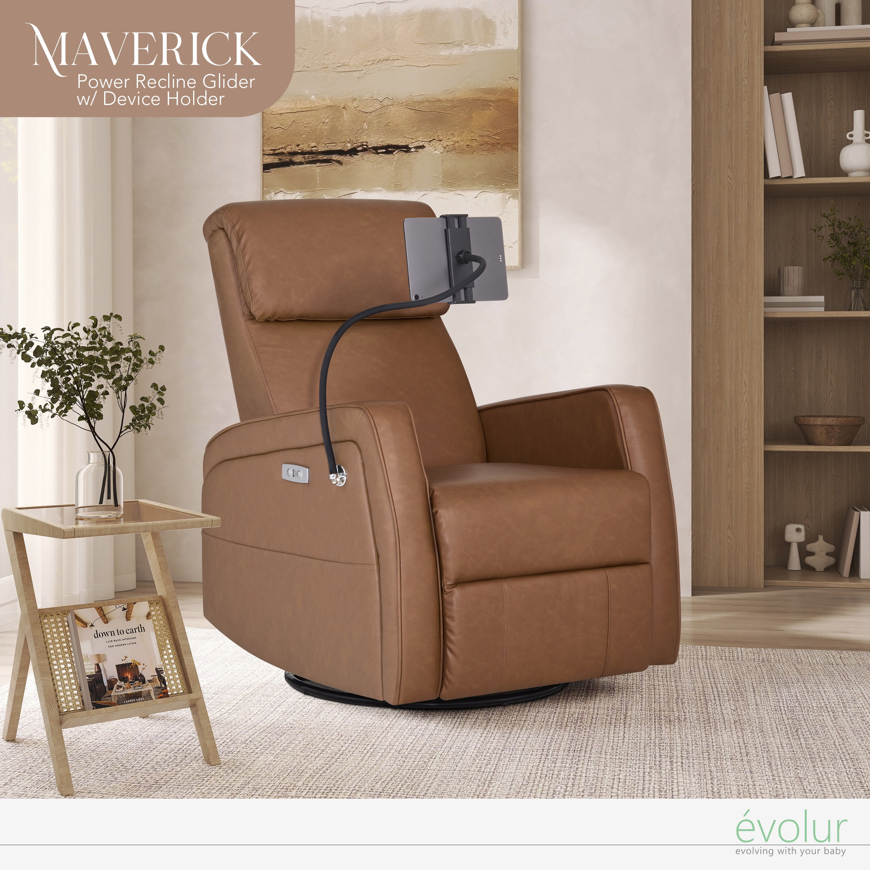 Buybuy BABY by Evolur Maverick Power Recline Glider with Device Holder, Cognac