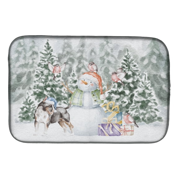 Carolines Treasures CK8039DDM Bull Terrier Black Tan and White  Snowman and Christmas Presents Dish Drying Mat 14 x 21"