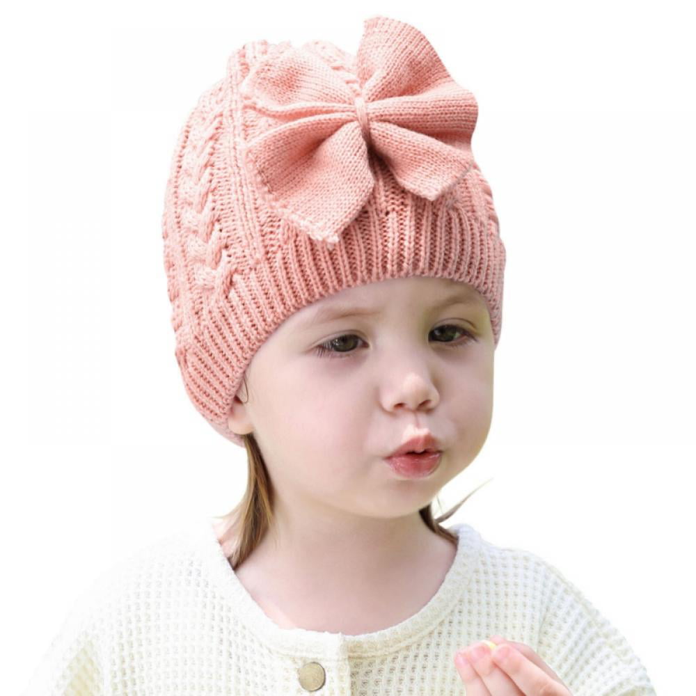 Girls Children Kids Bow Winter Hat Grey Pink