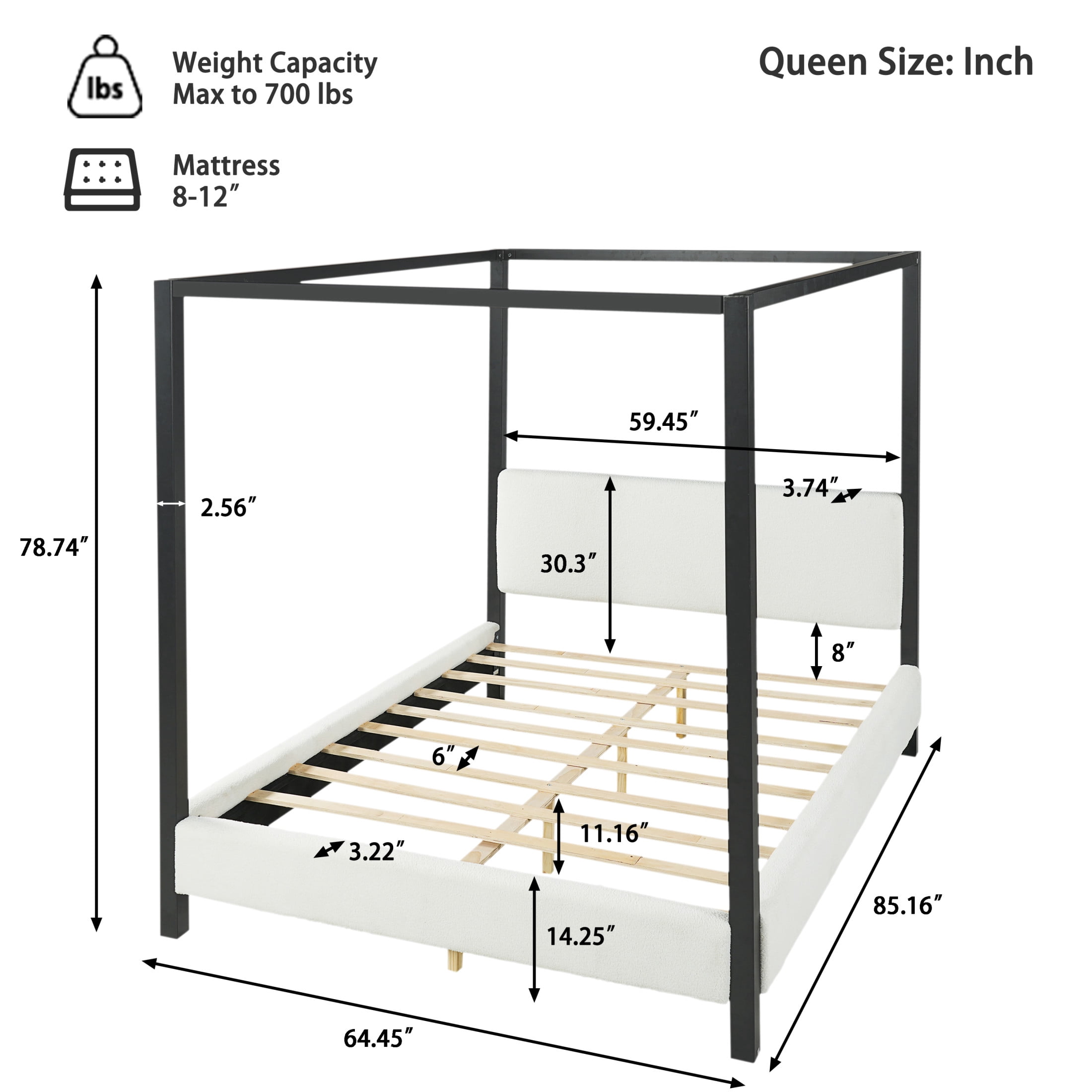 Christopher Knight Home Modern Queen Metal Canopy Bed Frame with Boucle Upholstery, Black+White