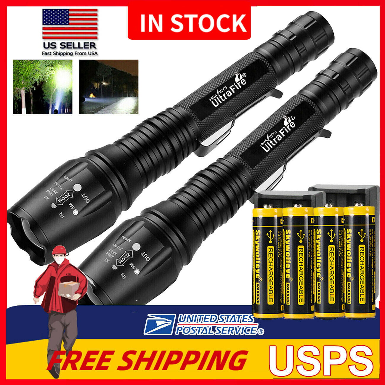 Details about   5 Modes Tactical 350000LM LED Flashlight Rechargeable Zoom Aluminum Torch Light 
