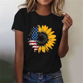American Flag T-Shirt For Women - 4th Of July Patriotic Raglan Short Sleeve Tee, Sunflower Print, Large
