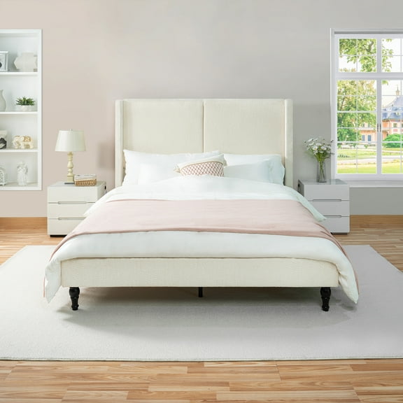 Noble House Diane Queen Boucle Platform Bed, Tufted High-Back Headboard, Center Support and Solid Wood Feet, Beige