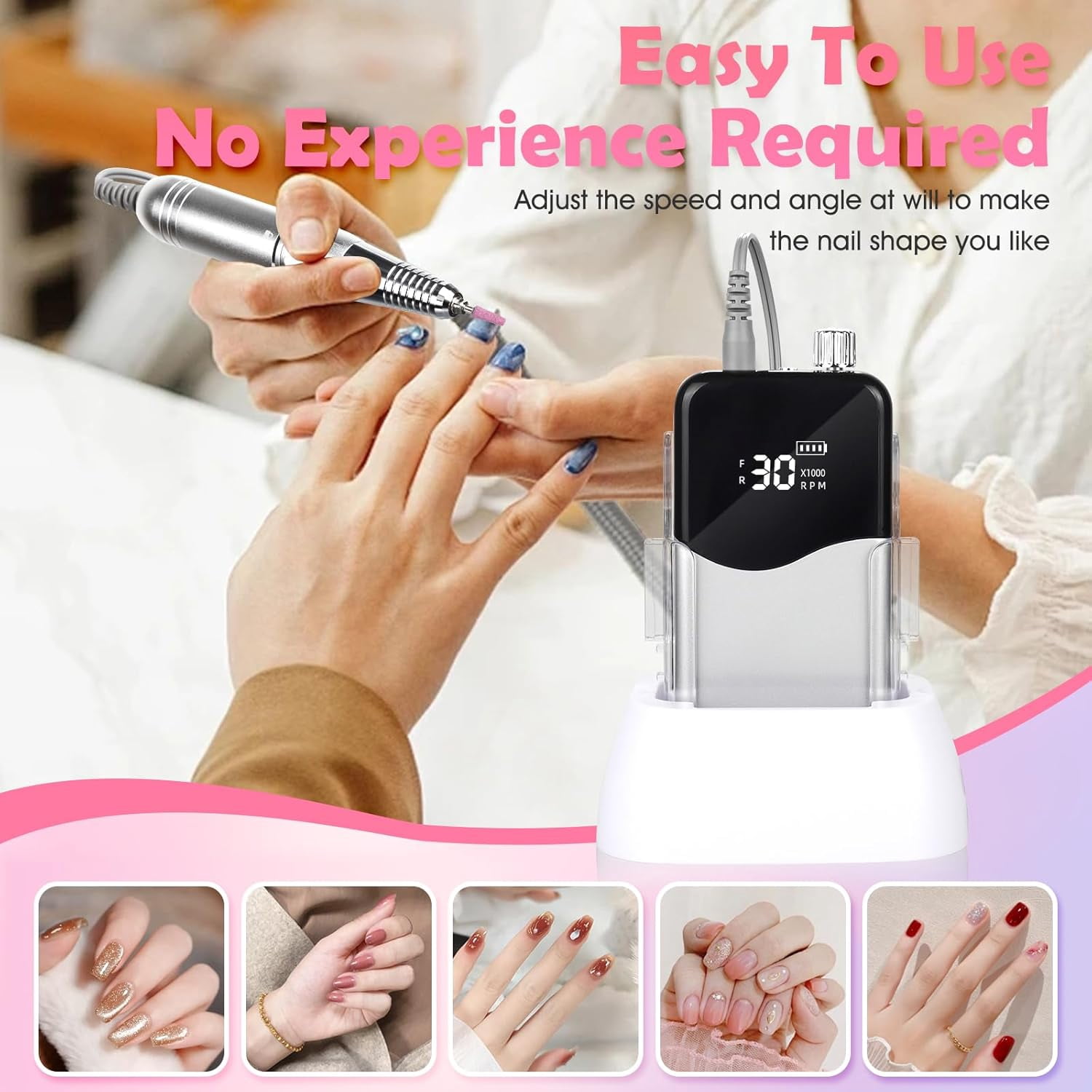 Aorsher Professional Rechargeable Nail Drill, 35000 RPM Electric Nail File, Portable LED Display Nail Tool Kit for Salon and Home Manicure Pedicure