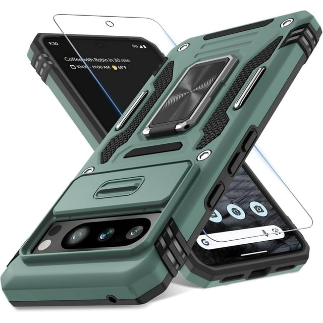 KOMI Case for Google Pixel 8 Pro with Slide Camera Cover+Screen Protector (1 Pack), Rotated Ring Kickstand Military Grade Shockproof Heavy Duty Protective Cover Green