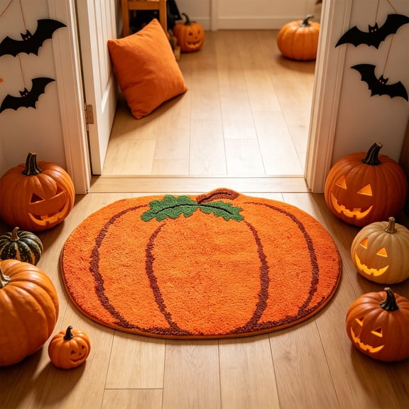 Pumpkin Shaped Plush Doormat,Fall Non-Slip Absorbent Floor Rug,Holiday Decor Mat for Entryway,Bathroom,Front Door,Halloween Thanksgiving Decor