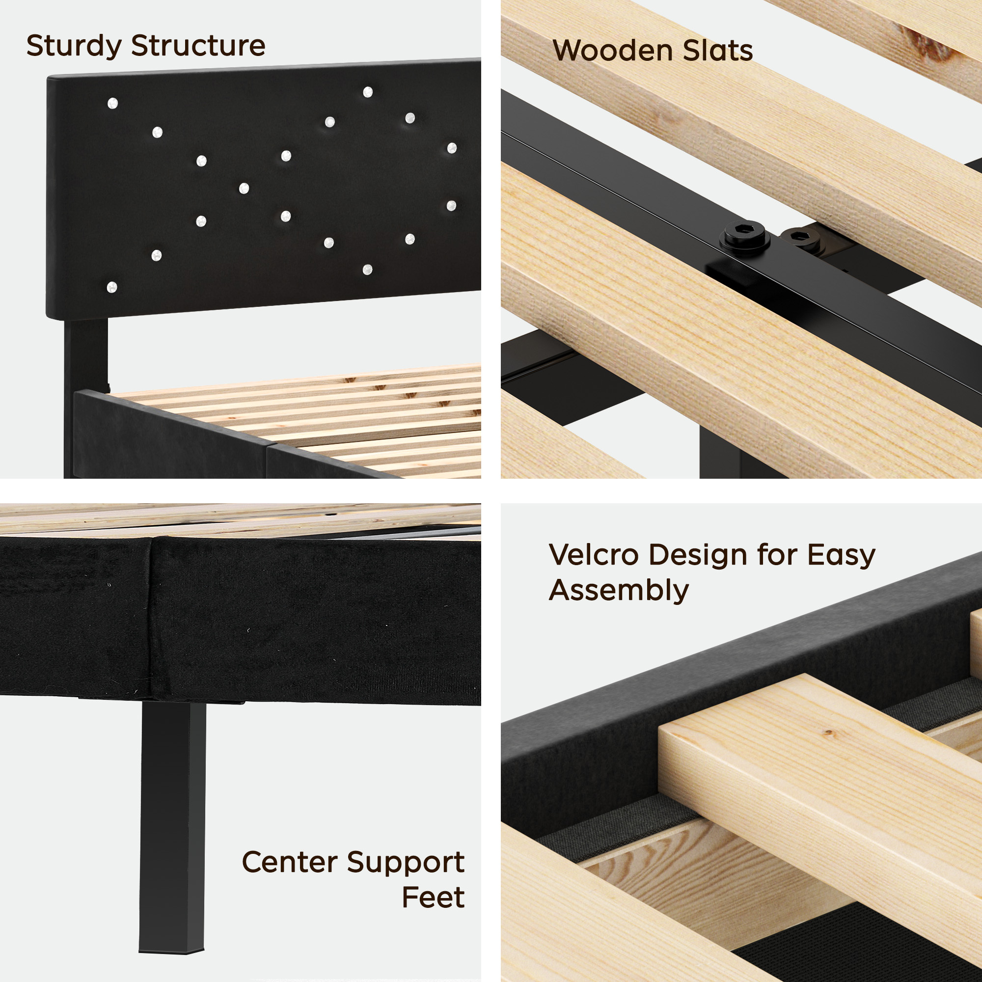 Twin Size Bed Frame with Upholstered Headboard, Non-Slip and Noise-Free/Wooden Slats Support/No Box Spring Needed/Easy Assembly, Black