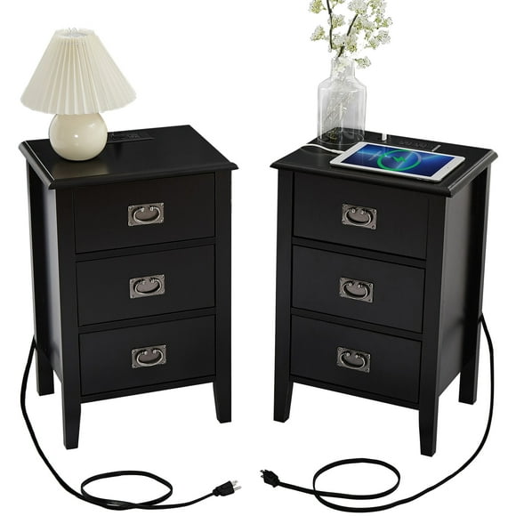 VECELO Set of 2 Nightstand with USB Charging Station, Wooden Sofa Side Table with 3-Drawer for Bedroom Living room, Black