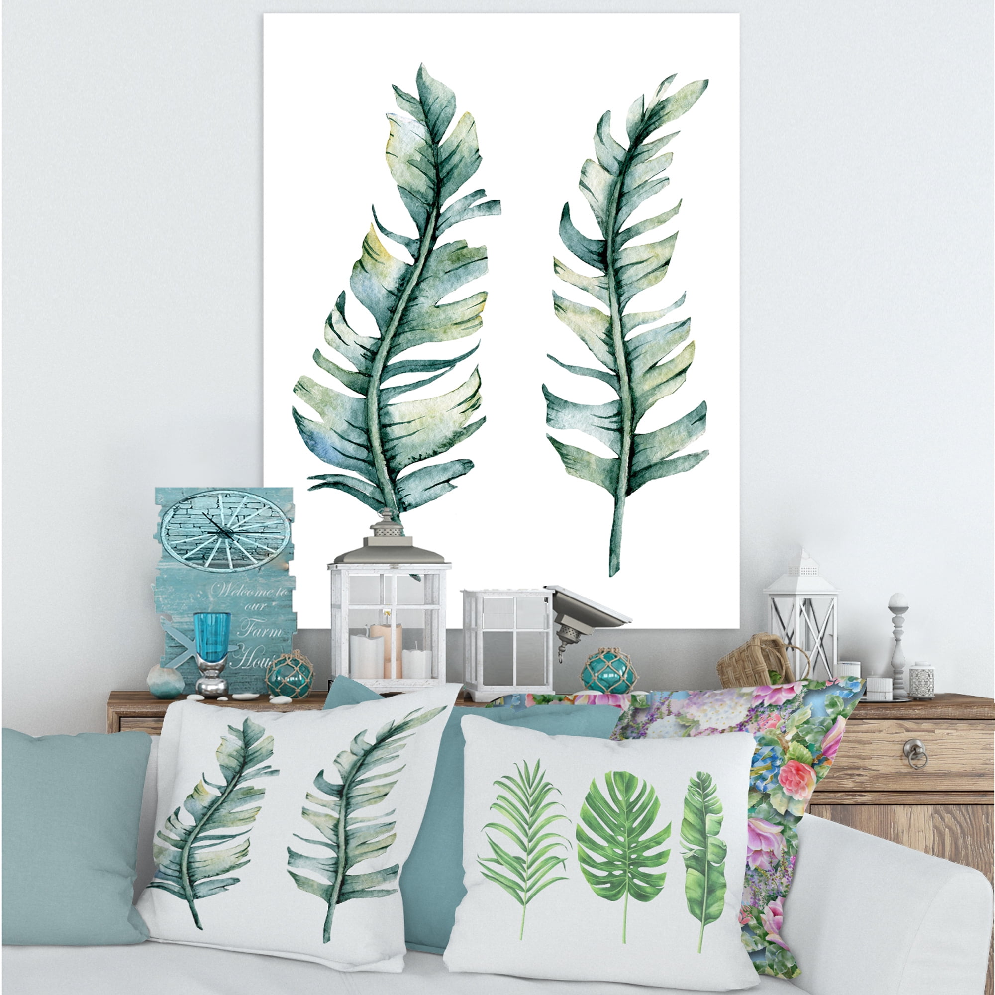 Designart ' Duo of Tropical Leaves On White ' Farmhouse Canvas Wall Art Print