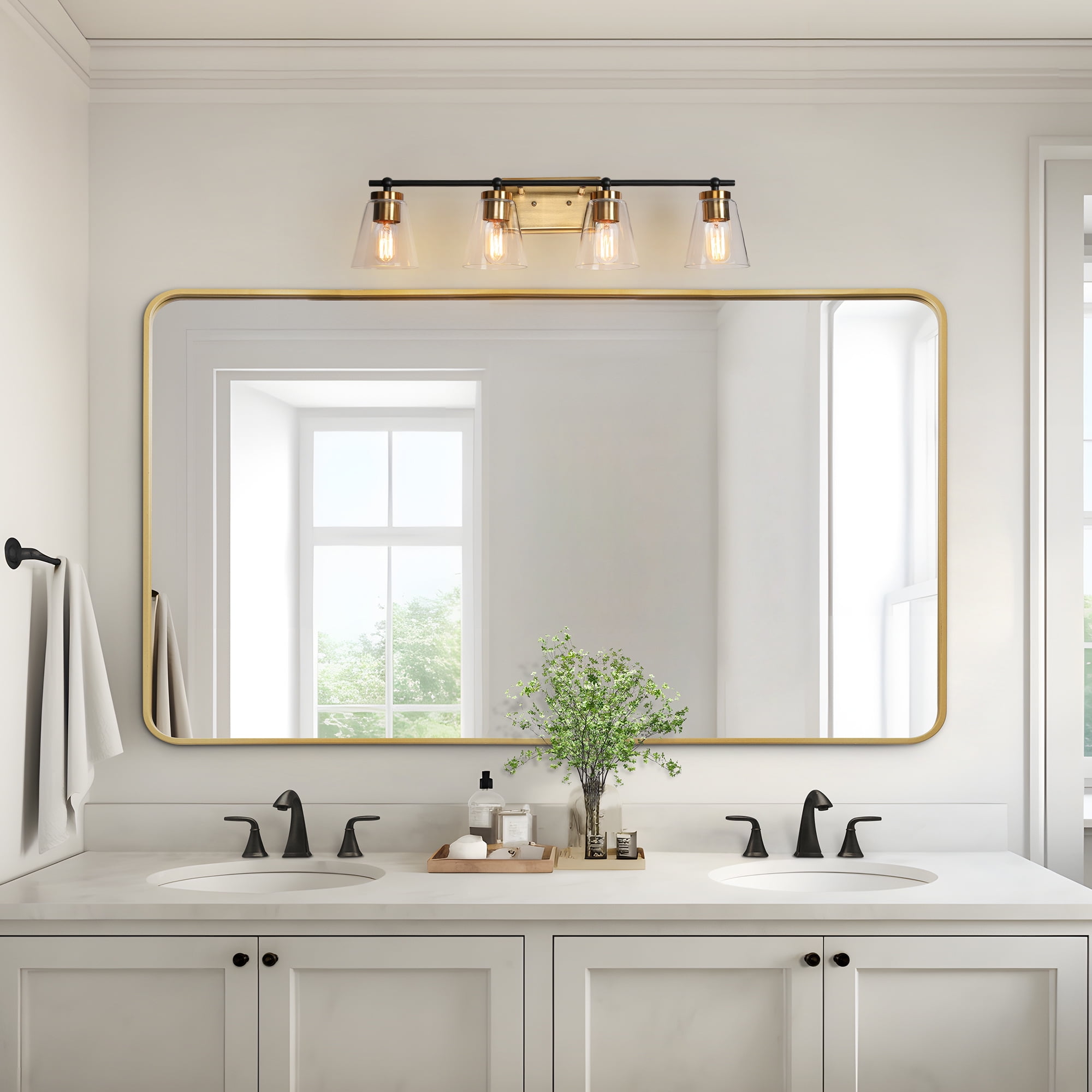 LNC Alumbrar 29-in Polished Gold and Matte Black Bathroom Vanity Light with Clear Glass Cone Shades, Modern, 4-Light