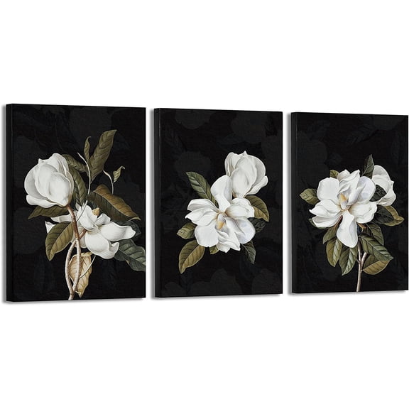 Canvas Floral Wall Art with Black and White Magnolia Flowers Art for Modern Home Bathroom Bedroom Decoration, 12x16 Inch 3 Panels Wrapped Canvas Art for Mother''s Day Gifts