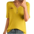thumbnail image 2 of ALLLIST Tops for Women Ribbed Yellow Henley T-Shirts Trendy Plain Elbow-Length Shirts Ladie's Tops, 2 of 3